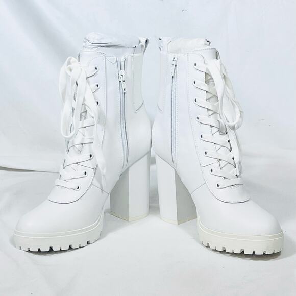 Steve Madden Latch Boots Women 8.5 Leather Lace Up Ankle High Heel Combat New - Picture 8 of 10